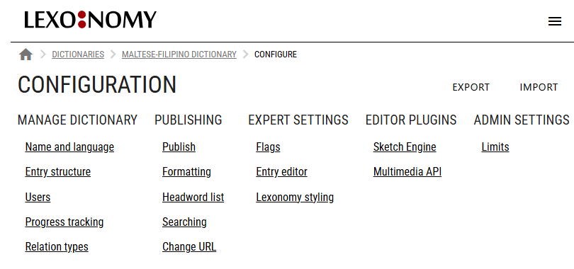 Dictionary configuration menu